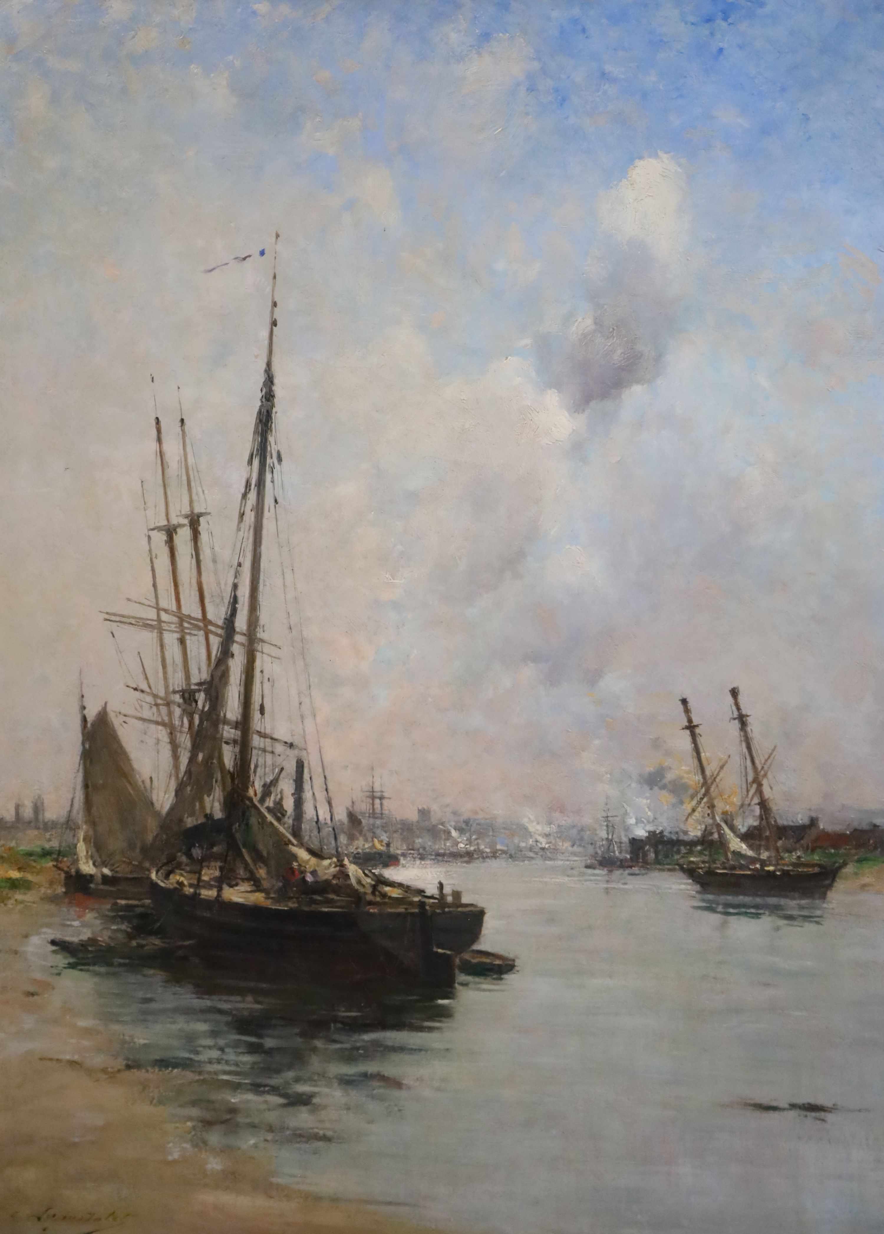 Charles Lapostolet (1824-1890), Boats moored on the river above Rouen, oil on canvas, 72.5 x 52cm